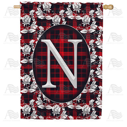 Elegant Red And Black Plaid Monogram Double Sided House Flag