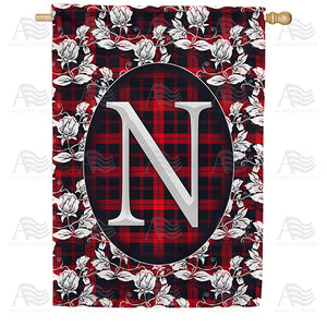 Elegant Red And Black Plaid Monogram Double Sided House Flag