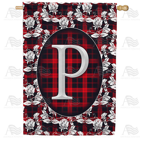 Elegant Red And Black Plaid Monogram Double Sided House Flag