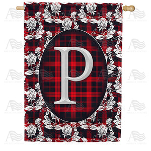 Elegant Red And Black Plaid Monogram Double Sided House Flag