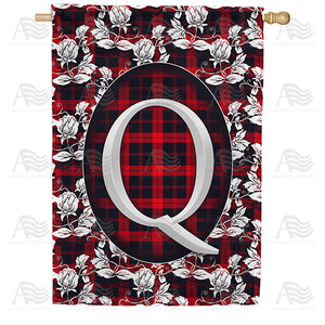 Elegant Red And Black Plaid Monogram Double Sided House Flag