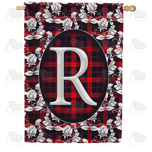 Elegant Red And Black Plaid Monogram Double Sided House Flag