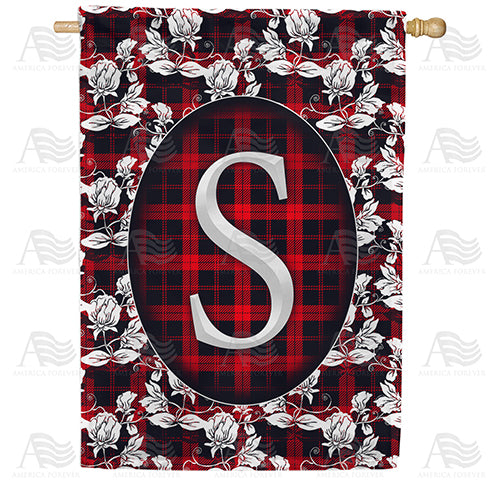 Elegant Red And Black Plaid Monogram Double Sided House Flag