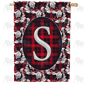 Elegant Red And Black Plaid Monogram Double Sided House Flag