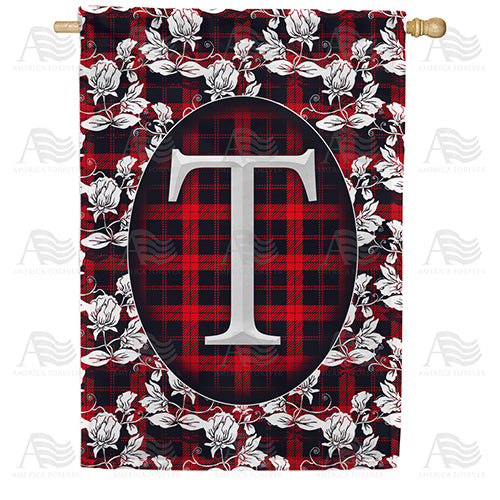 Elegant Red And Black Plaid Monogram Double Sided House Flag