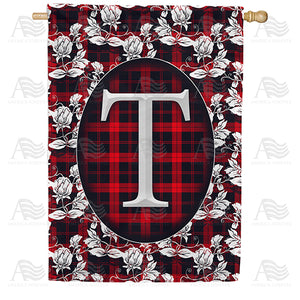 Elegant Red And Black Plaid Monogram Double Sided House Flag