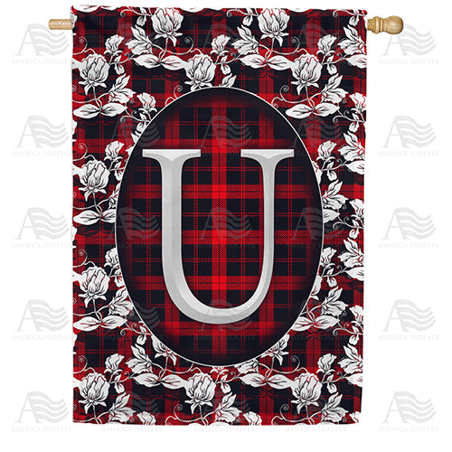 Elegant Red And Black Plaid Monogram Double Sided House Flag