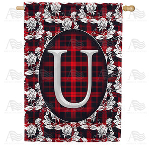 Elegant Red And Black Plaid Monogram Double Sided House Flag