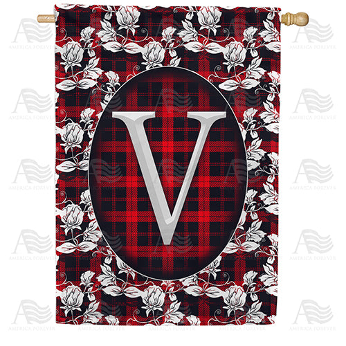Elegant Red And Black Plaid Monogram Double Sided House Flag