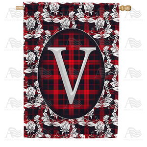 Elegant Red And Black Plaid Monogram Double Sided House Flag