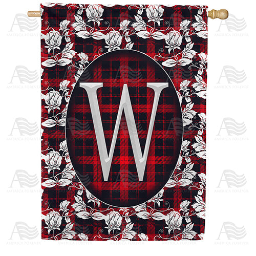 Elegant Red And Black Plaid Monogram Double Sided House Flag