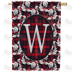 Elegant Red And Black Plaid Monogram Double Sided House Flag