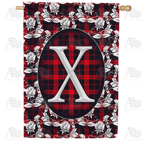 Elegant Red And Black Plaid Monogram Double Sided House Flag