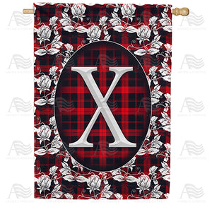 Elegant Red And Black Plaid Monogram Double Sided House Flag