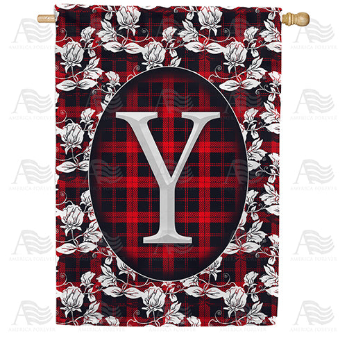 Elegant Red And Black Plaid Monogram Double Sided House Flag