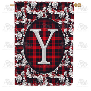 Elegant Red And Black Plaid Monogram Double Sided House Flag