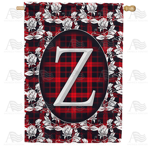 Elegant Red And Black Plaid Monogram Double Sided House Flag