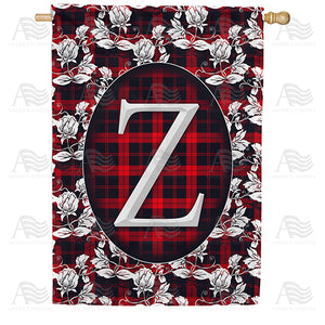 Elegant Red And Black Plaid Monogram Double Sided House Flag