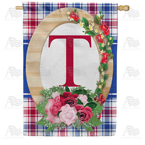 Roses On Wood Frame Monogram Double Sided House Flag