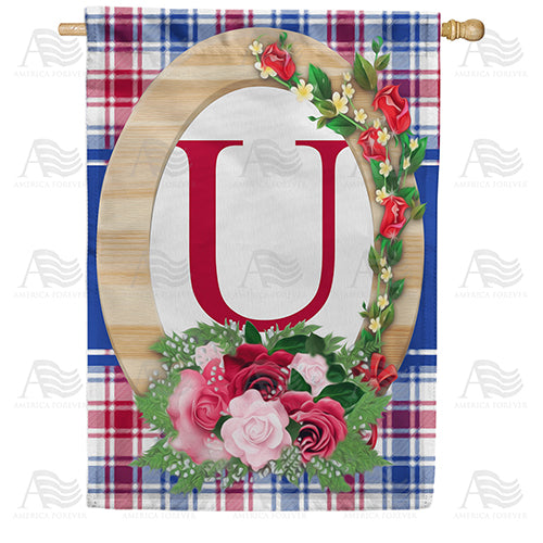 Roses On Wood Frame Monogram Double Sided House Flag