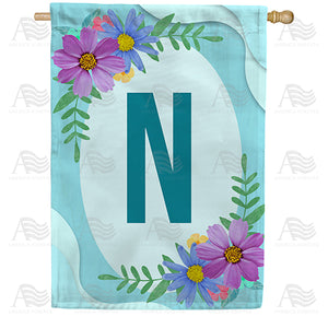 Cosmos On Blue Wood Monogram Double Sided House Flag