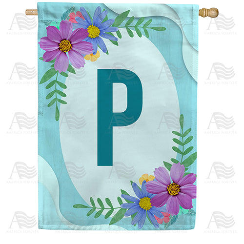 Cosmos On Blue Wood Monogram Double Sided House Flag