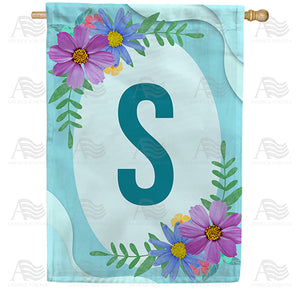 Cosmos On Blue Wood Monogram Double Sided House Flag