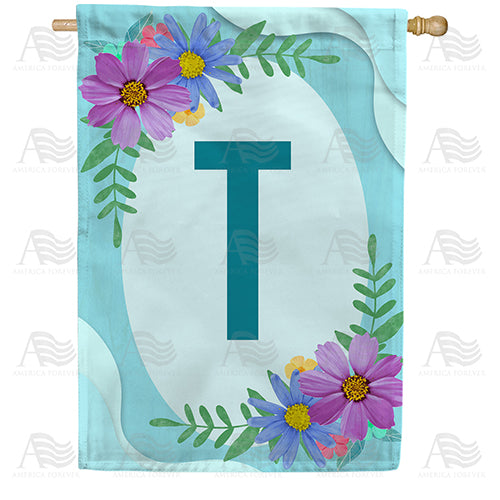 Cosmos On Blue Wood Monogram Double Sided House Flag