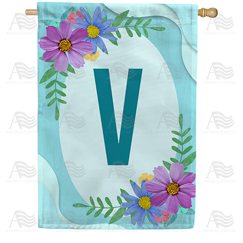 Cosmos On Blue Wood Monogram Double Sided House Flag