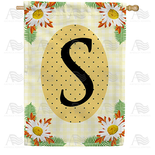 Yellow Gingham Daisies Monogram Double Sided House Flag