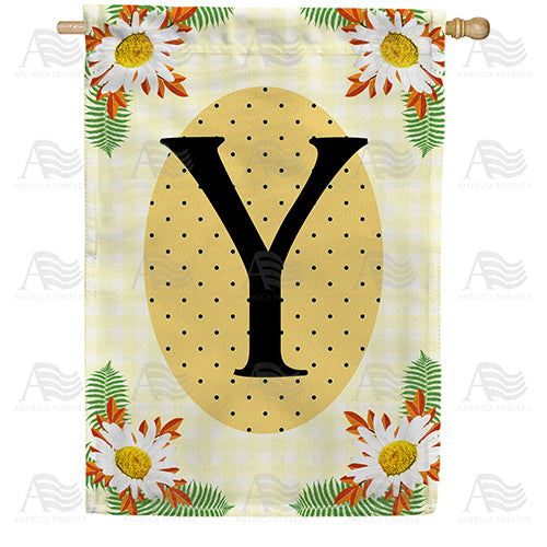 Yellow Gingham Daisies Monogram Double Sided House Flag