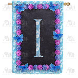 Blue And Purple Hydrangea Monogram Double Sided House Flag