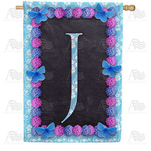 Blue And Purple Hydrangea Monogram Double Sided House Flag