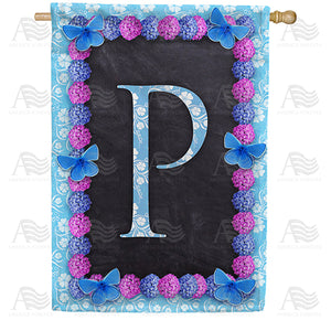 Blue And Purple Hydrangea Monogram Double Sided House Flag