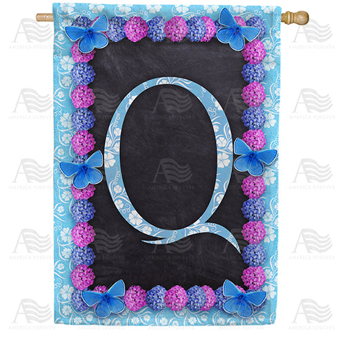 Blue And Purple Hydrangea Monogram Double Sided House Flag