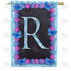 Blue And Purple Hydrangea Monogram Double Sided House Flag