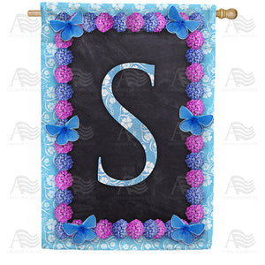 Blue And Purple Hydrangea Monogram Double Sided House Flag