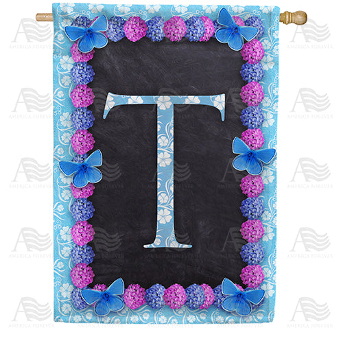Blue And Purple Hydrangea Monogram Double Sided House Flag