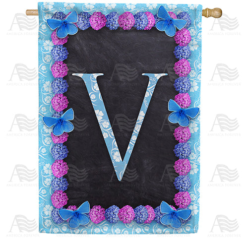 Blue And Purple Hydrangea Monogram Double Sided House Flag