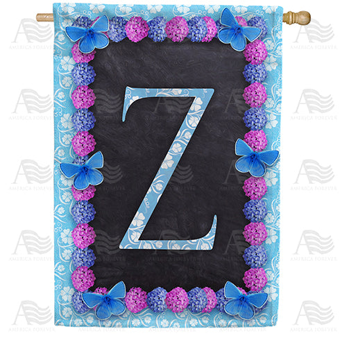 Blue And Purple Hydrangea Monogram Double Sided House Flag