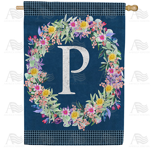 Floral Wreath Monogram Letter Monogram Double Sided House Flag