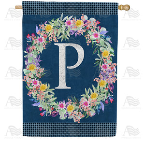 Floral Wreath Monogram Letter Monogram Double Sided House Flag