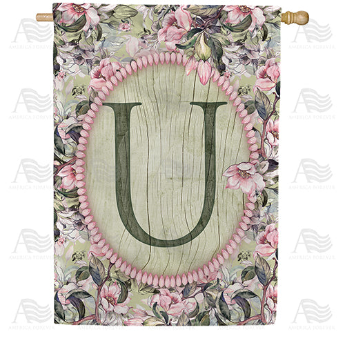 Pink Petals Monogram Double Sided House Flag