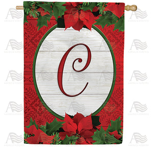 Red Poinsettia Monogram Double Sided House Flag