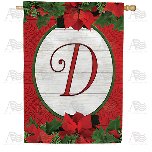 Red Poinsettia Monogram Double Sided House Flag