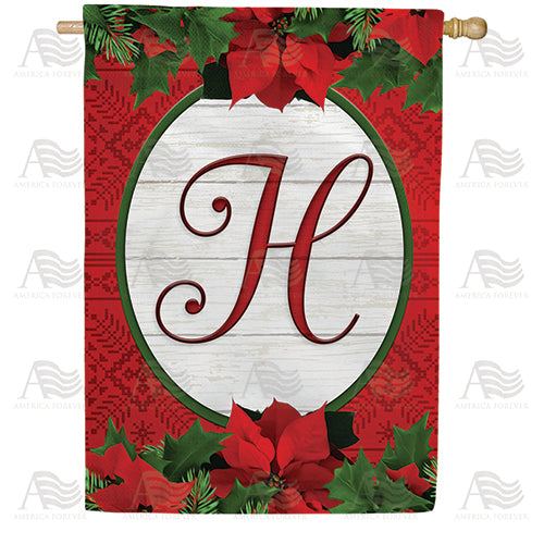 Red Poinsettia Monogram Double Sided House Flag