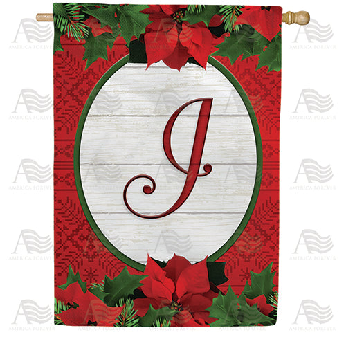 Red Poinsettia Monogram Double Sided House Flag