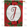 Red Poinsettia Monogram Double Sided House Flag