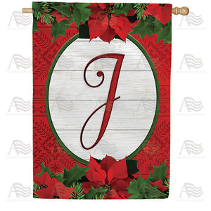 Red Poinsettia Monogram Double Sided House Flag