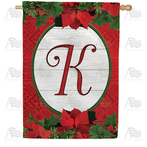 Red Poinsettia Monogram Double Sided House Flag